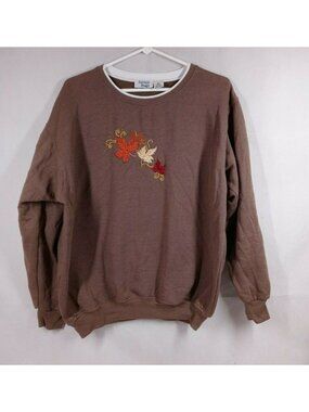 Vtg Hartfield Design Brown Sweatshirt With Beaded Embroidered Leaves Design XL